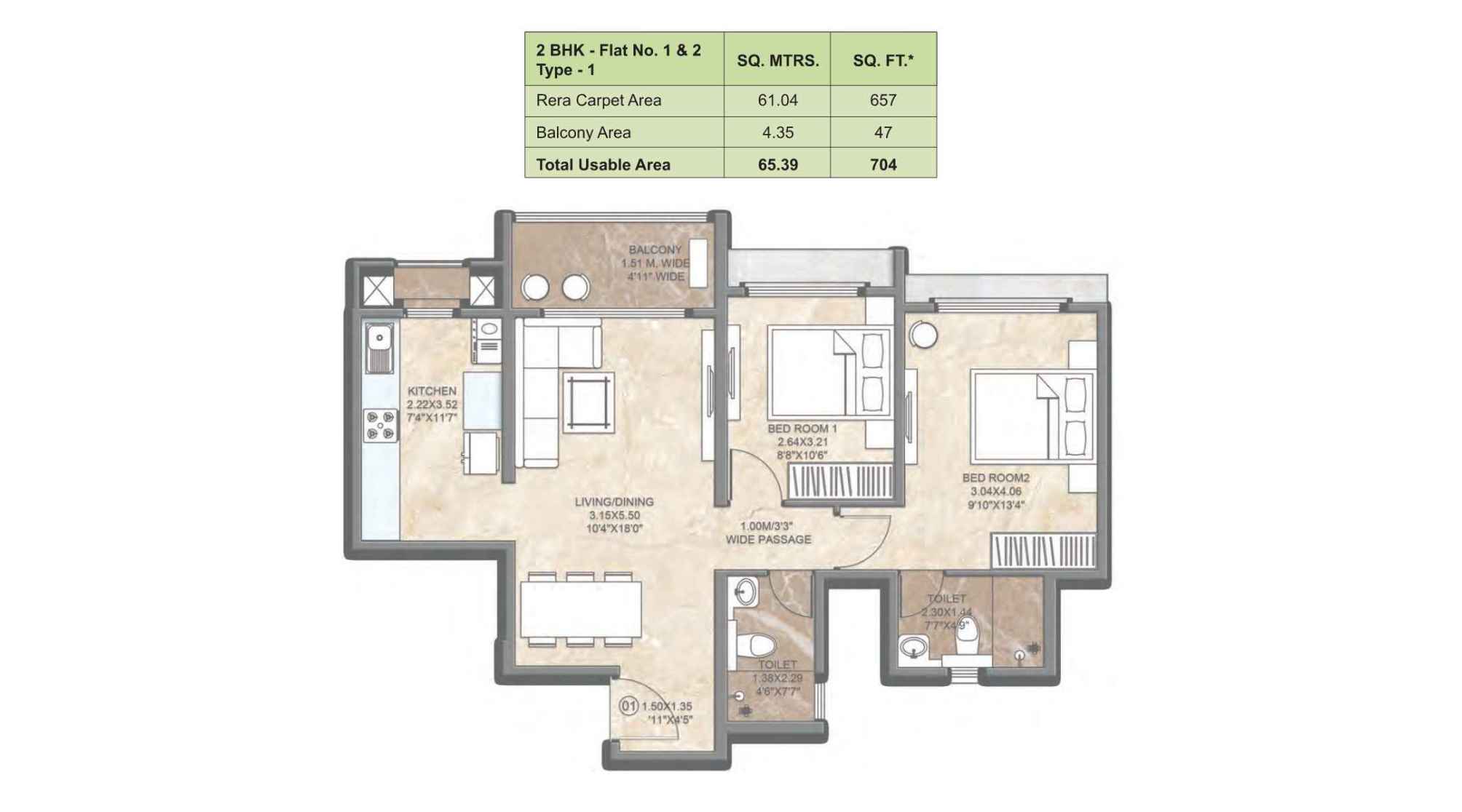Dosti-Greenscape-Floor-Plan-Glade-2-BHK-704-Sqft